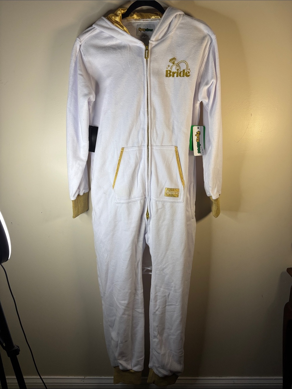 Tipsy Elves White & Gold 'Bride' Hooded Onesie bachelorette Jumpsuit Pajama Sz M